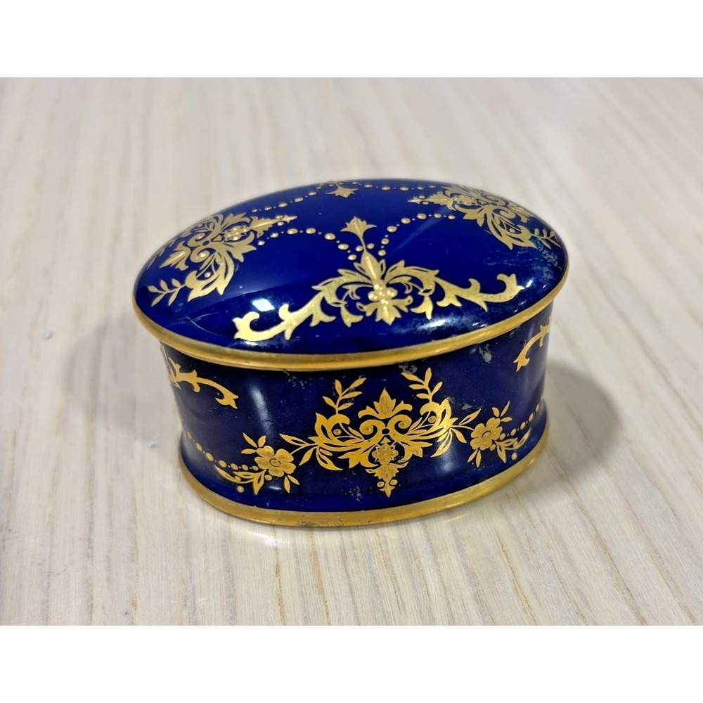 Minton Asprey Porcelain Trinket Box Cobalt Blue Gold Gilt Oval England